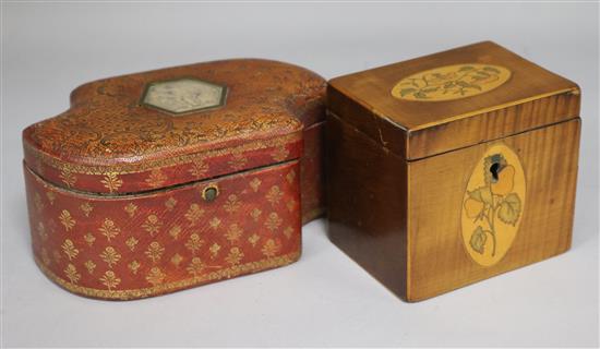 A leather box & inlaid tea caddy